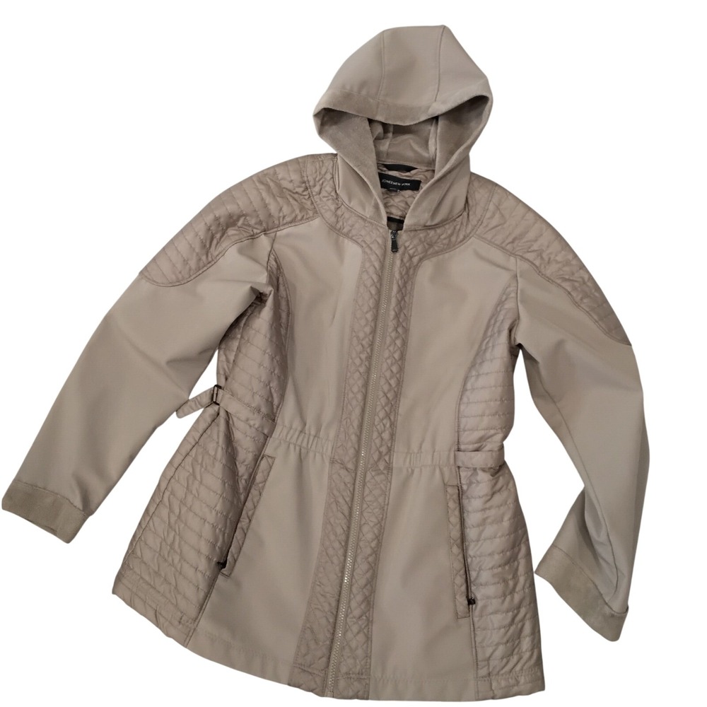 Jones New York Womens Taupe Quilted Softshell Hooded Fleece Lined Jacket Large